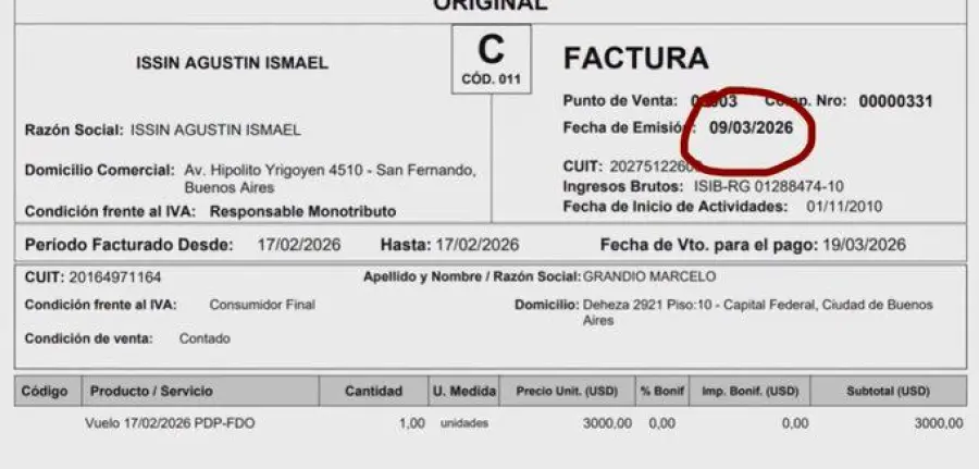 La factura por el vuelo de vuelta de Adorni, emitida a Grandio el mismo d&iacute;a en que Pagni dio a conocer la noticia