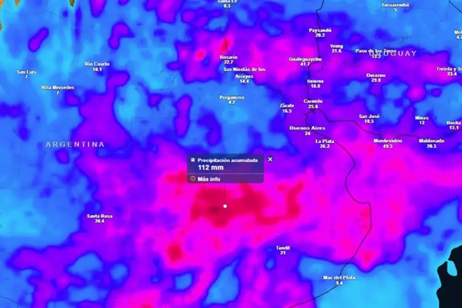 Toda el &aacute;rea del pa&iacute;s que se ver&iacute;a perjudicada por las tormentas. Foto: Meteored.