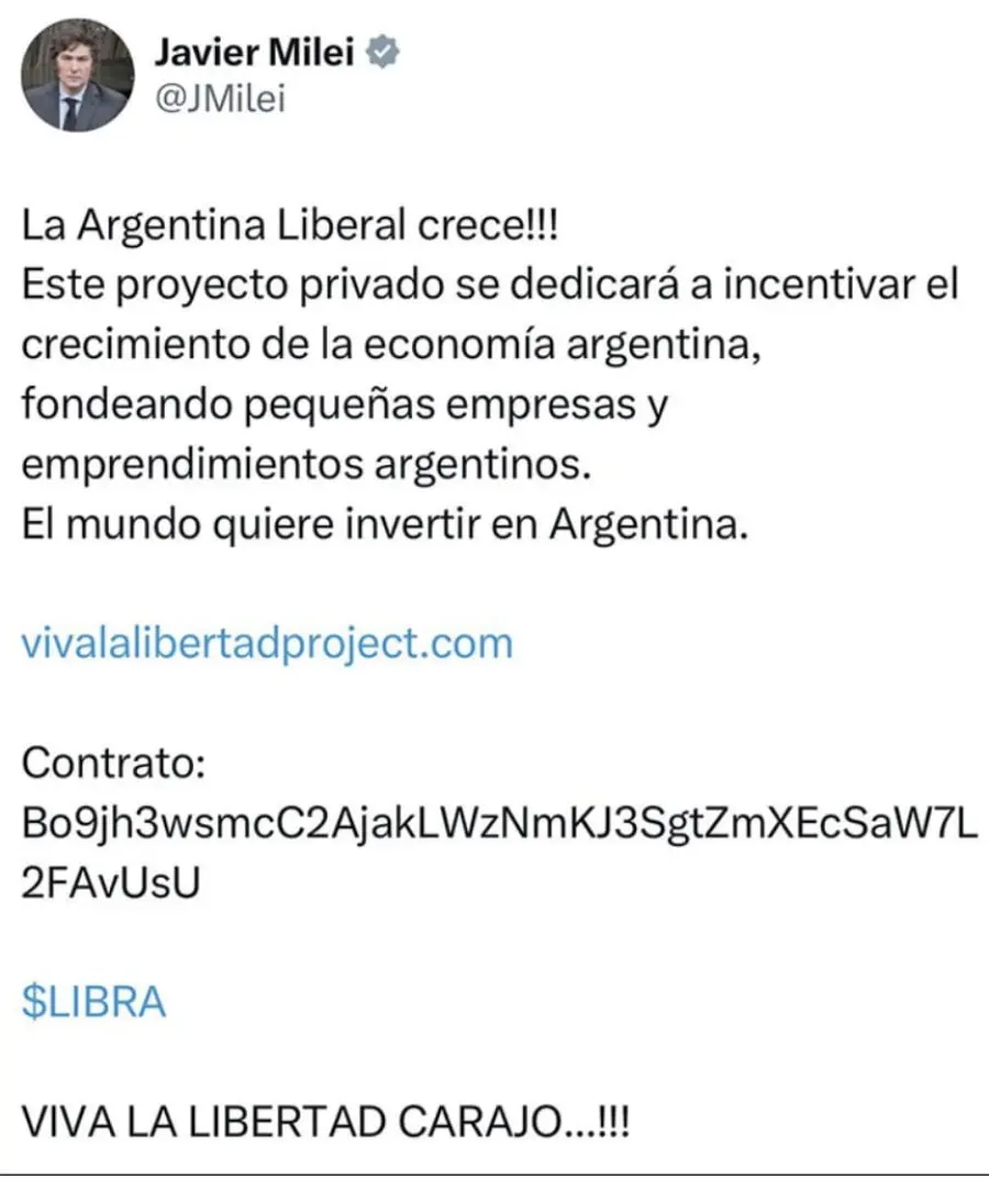 El posteo de Milei tras el lanzamiento de $Libra / Foto: Infobae