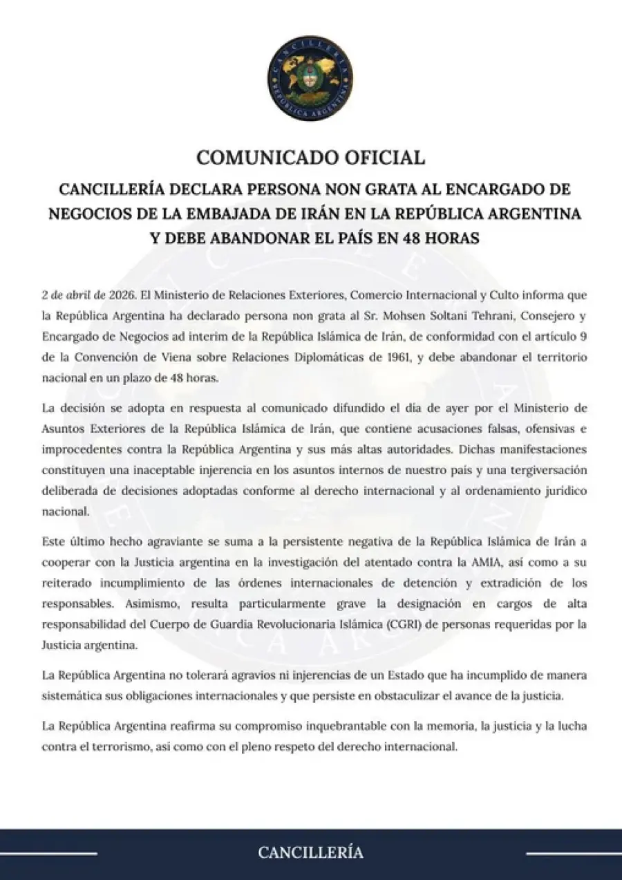 El comunicado de Canciller&iacute;a