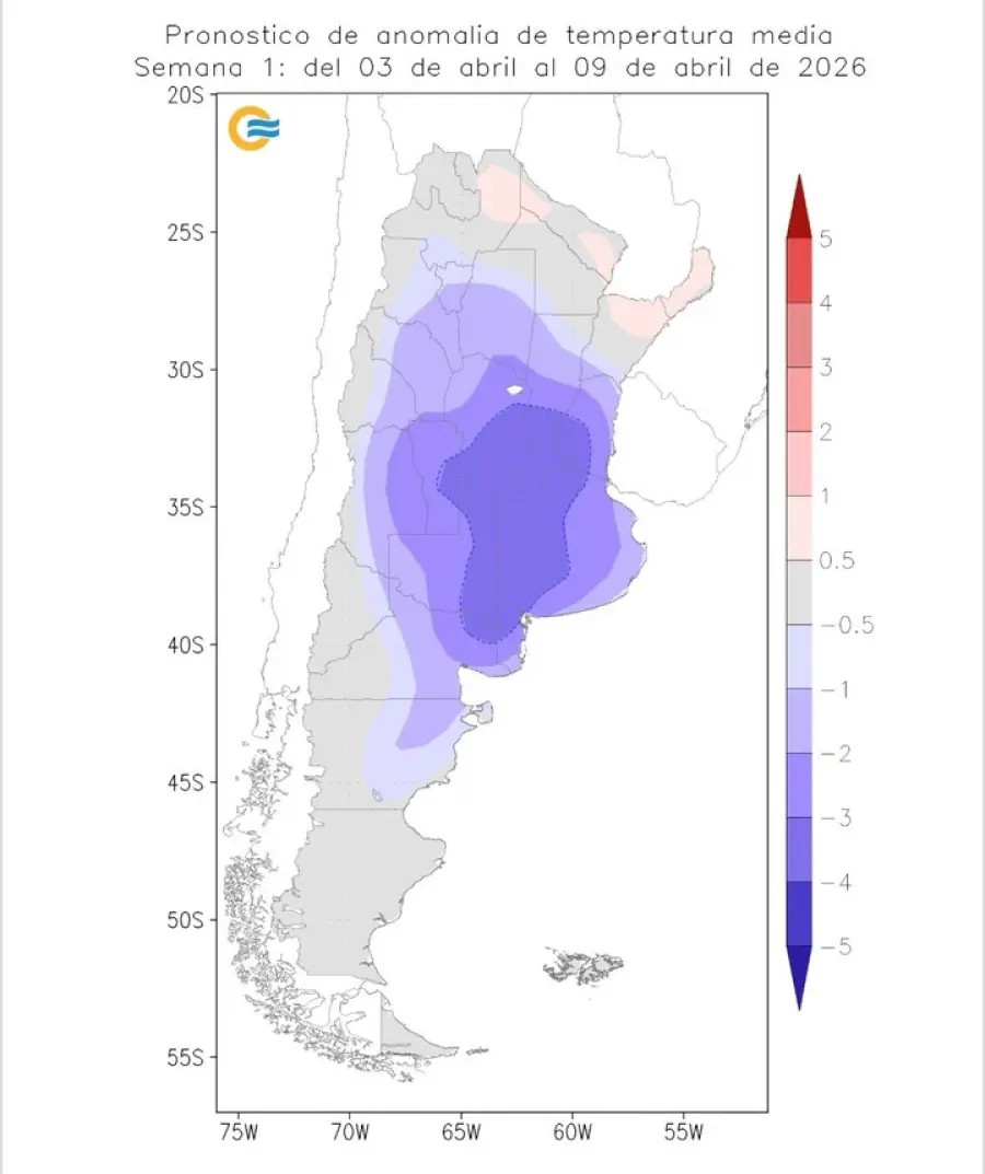 La intensidad del azul marca las zonas en las que la anomal&iacute;a t&eacute;rmica por defecto ser&aacute; superior (fuente SMN)