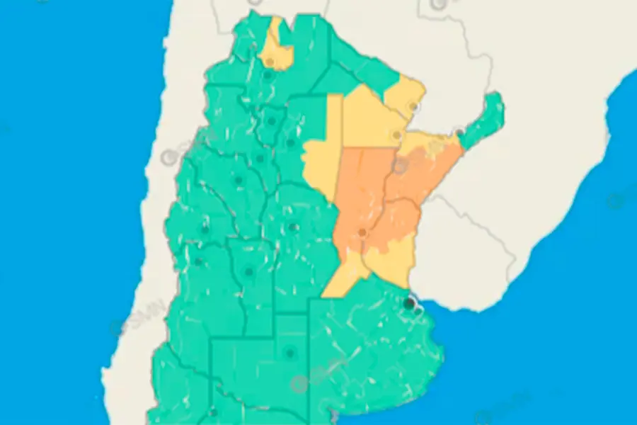 Las provincias afectadas por el temporal para el lunes. Foto: SMN.