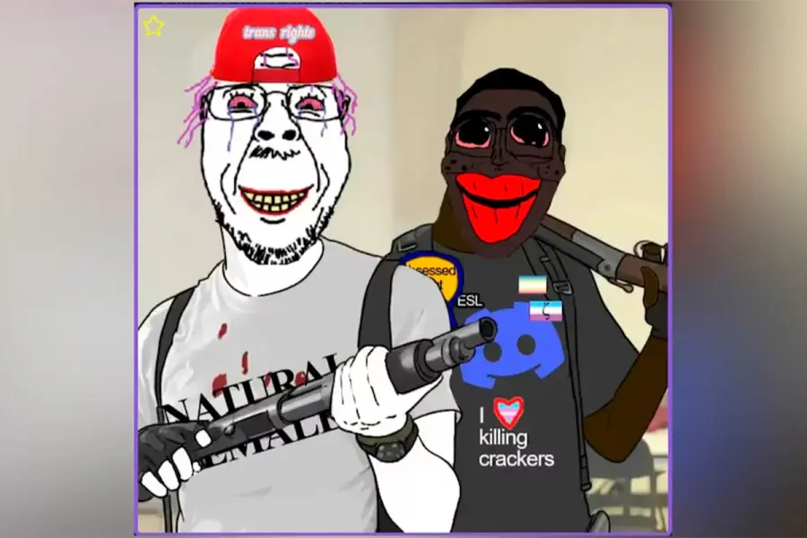 Una de las im&aacute;genes compartidas en las redes sociales del tirador de San Crist&oacute;bal, mostrando caricaturas con armas y mensajes provocadores (fuente Infobae)