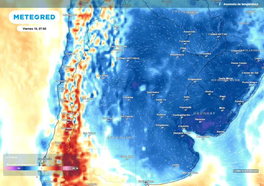 Anomal&iacute;a de temperatura prevista para el pr&oacute;ximo viernes seg&uacute;n el modelo ECMWF (Meteored)