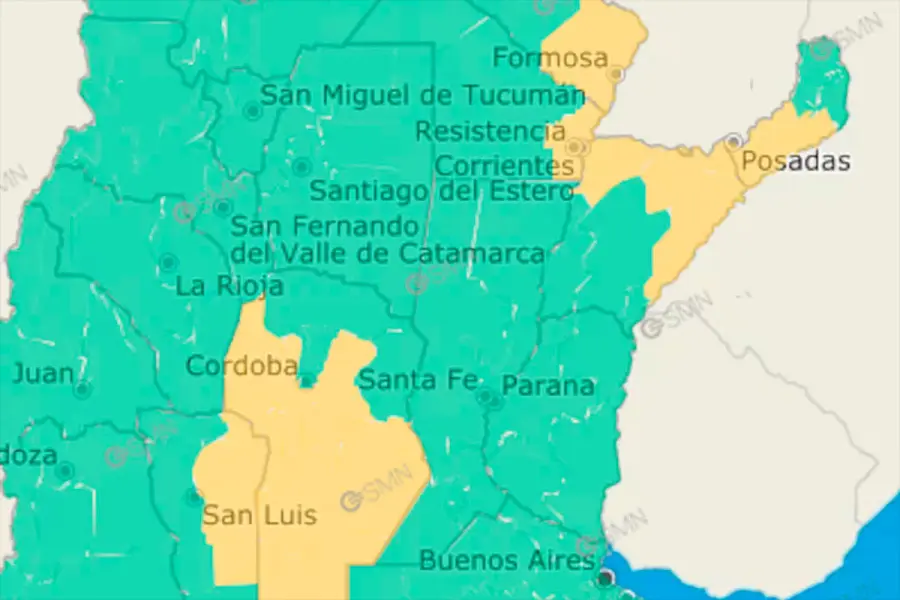 Zonas bajo alerta amarilla por tormentas (Captura SMN).