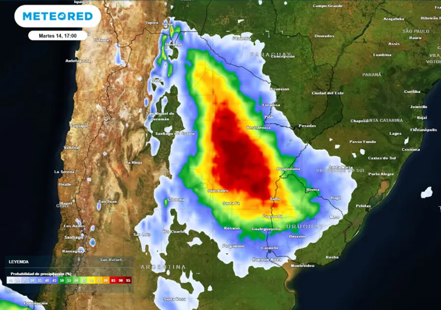 La zona de m&aacute;xima probabilidad de precipitaciones este martes / Meteored
