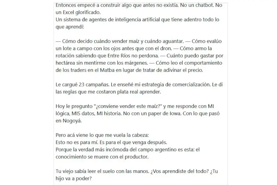 "Empec&eacute; a construir algo que no exist&iacute;a", escribi&oacute; en su cuenta de X (Foto: x/AgroConceptos).