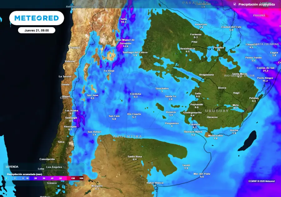 Acumulados de lluvia previstos hasta el pr&oacute;ximo jueves seg&uacute;n nuestro modelo de referencia ECMWF (fuente Meteored)