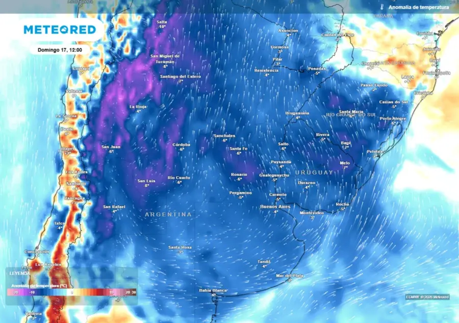 Anomal&iacute;a de temperatura prevista para el pr&oacute;ximo domingo seg&uacute;n el modelo ECMWF
