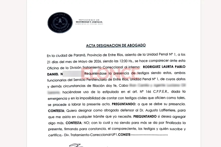 La presentaci&oacute;n que realiz&oacute; Rodr&iacute;guez Laurta para designar a Augusto Lafferiere como su defensor (foto Elonce)