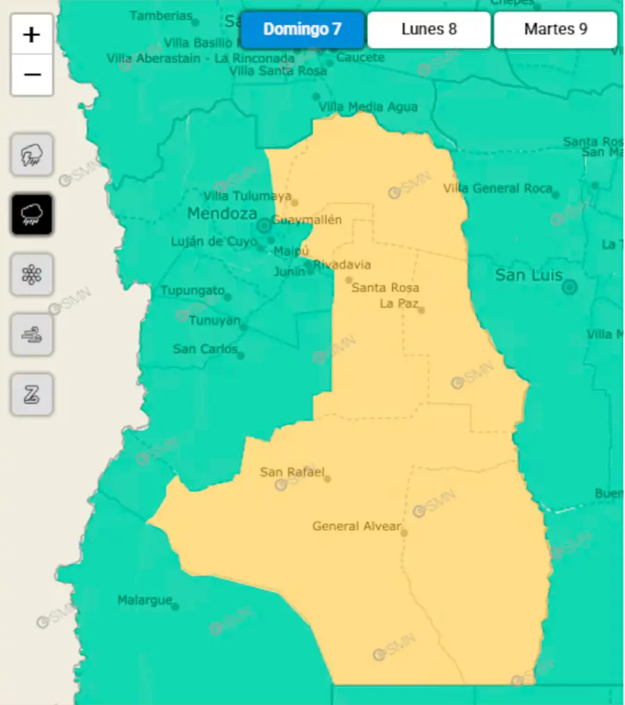 Las zonas afectadas por lluvias para este domingo. (Captura: smn.gob.ar)