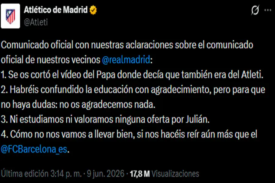 La respuesta del Atl&eacute;tico de Madrid.