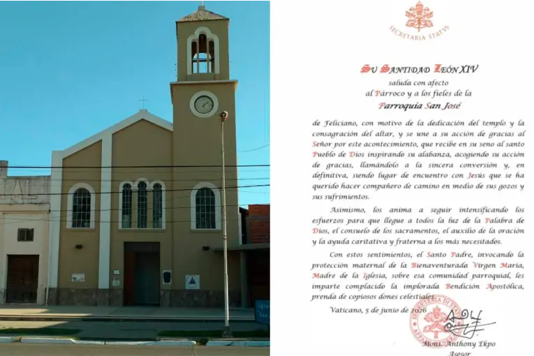 El papa León XIV envió su Bendición Apostólica a la comunidad de San José de Feliciano