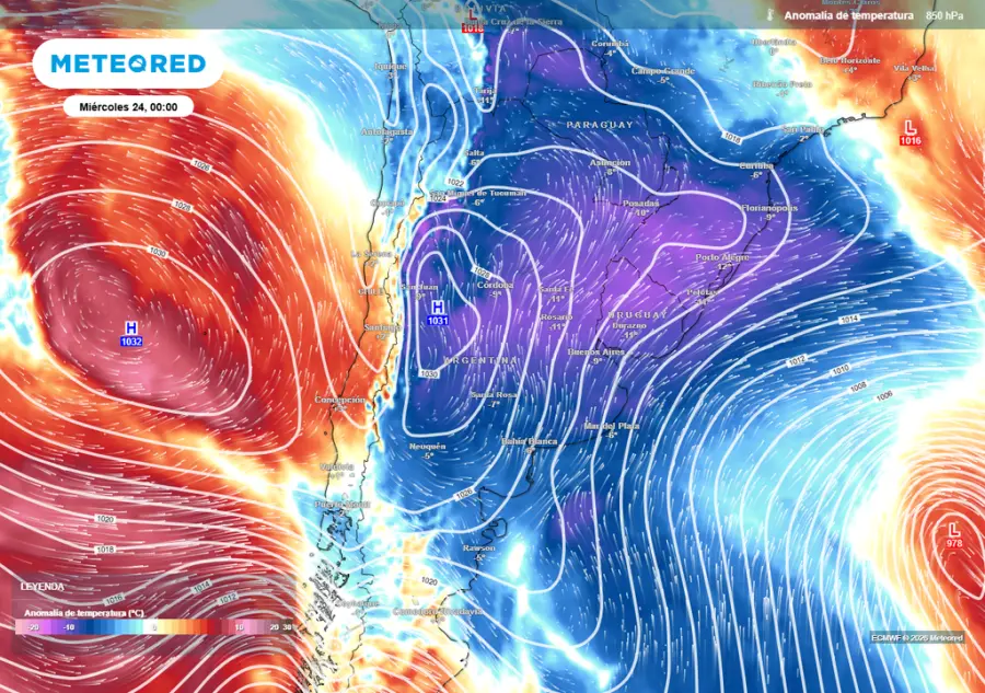 Fuerte irrupci&oacute;n fr&iacute;a en Argentina desde este fin de semana, intensific&aacute;ndose hacia el martes y mi&eacute;rcoles (fuente Meteored)