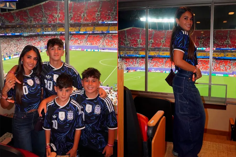 Antonela Roccuzzo desde un palco del estadio acompa&ntilde;ada por Thiago, Mateo y Ciro Messi (@antonelaroccuzzo)