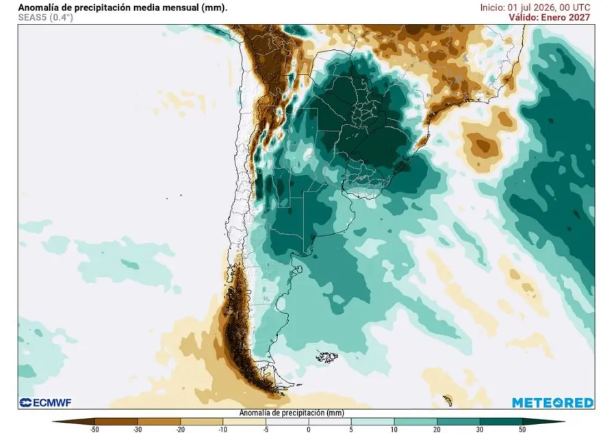Las anomal&iacute;as de precipitaci&oacute;n de enero 2027 muestran un patr&oacute;n muy similar a diciembre 2026. El impacto en r&iacute;os y arroyos de la cuenca del Plata ser&aacute; significativo (fuente Meteored)
