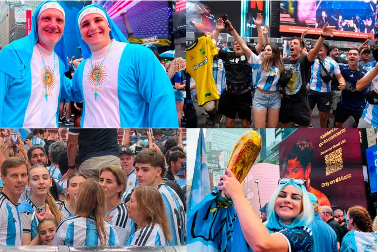 Nueva York se vistió de celeste y blanco: Miles de argentinos coparon Times Square en el último banderazo antes de la final
