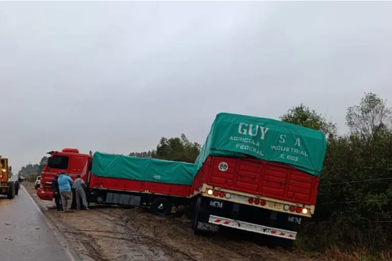 Un camión sufrió un desperfecto, despistó en la Ruta 4 y derribó un poste