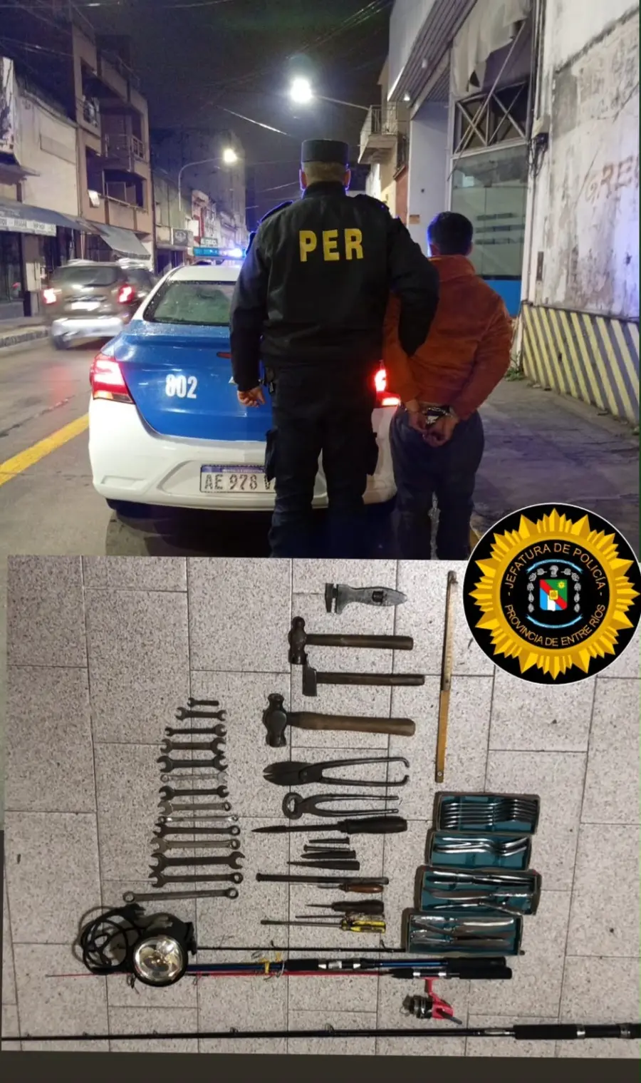 Detenido en Paraná y herramientas recuperadas (foto Policía de Entre Ríos)
