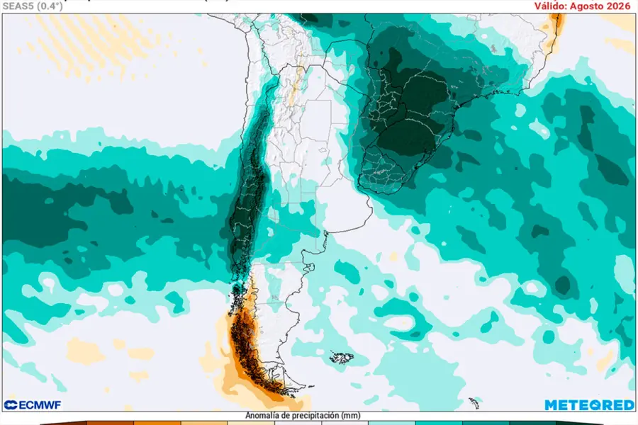 Anomal&iacute;a de precipitaciones para el mes de agosto seg&uacute;n nuestro modelo de referencia el ECMWF. (Meterored)