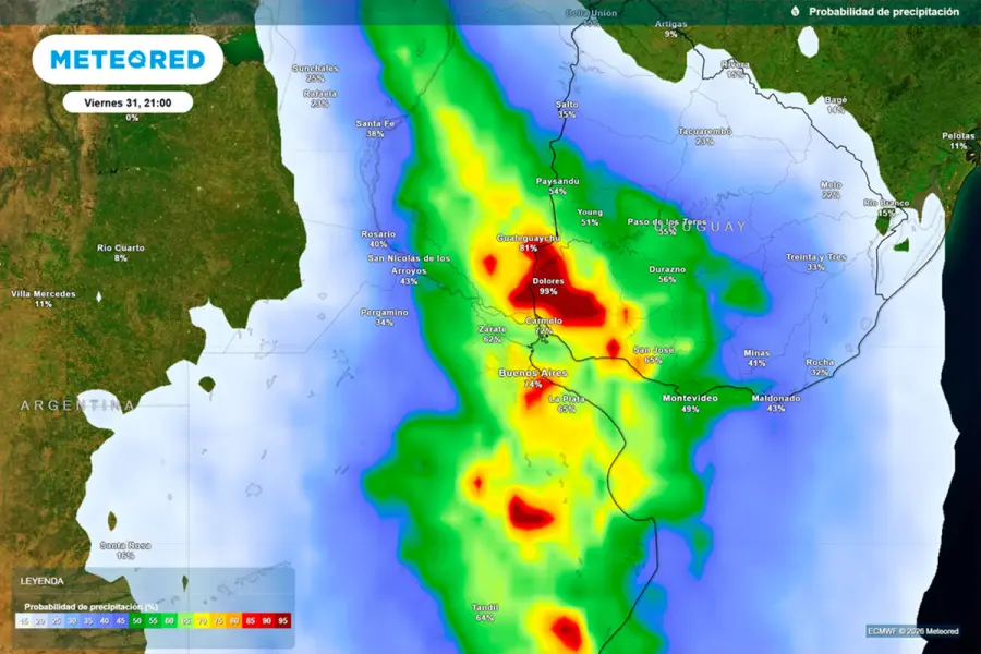 Probabilidad de precipitaciones durante el pr&oacute;ximo viernes seg&uacute;n mapas propios basados en nuestro modelo de confianza ECMW.