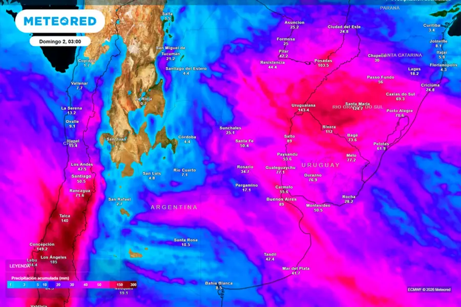 Acumulados de lluvia previstos hasta el pr&oacute;ximo domingo seg&uacute;n nuestro modelo de referencia ECMWF.