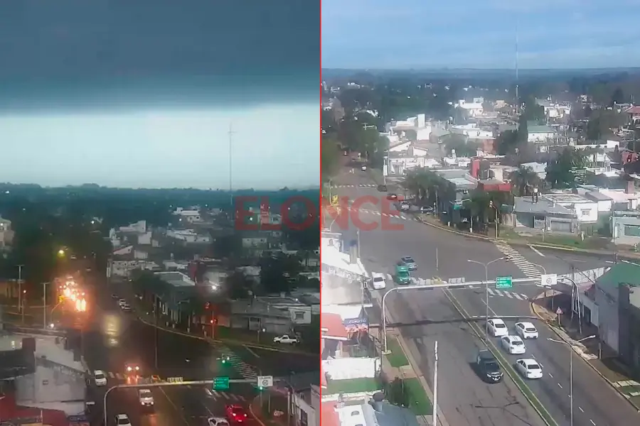 La misma esquina de Paran&aacute; a las 10.40 con tormenta y a las 13.40, con cielo despejado (foto Elonce)