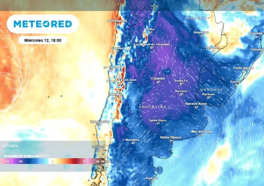Las temperaturas estar&aacute;n entre 5 y 10 grados por debajo de lo normal en algunos sectores del centro y norte argentino (fuente Meteored)