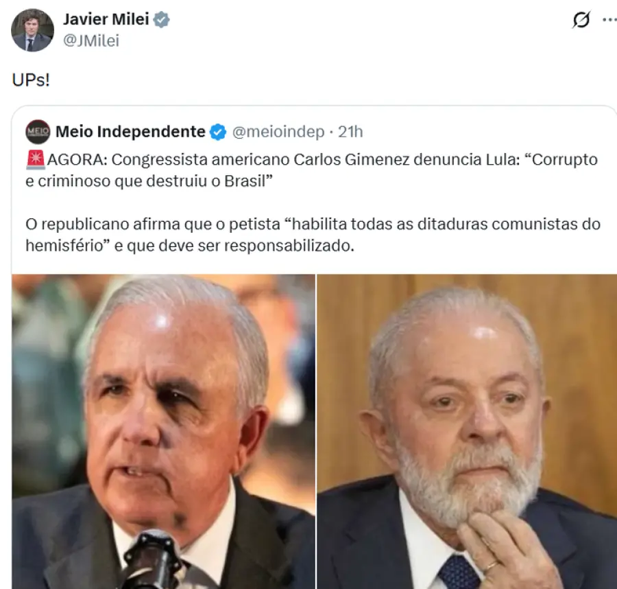 El tuit que Milei replic&oacute; del congresista norteamericano contra Lula.-