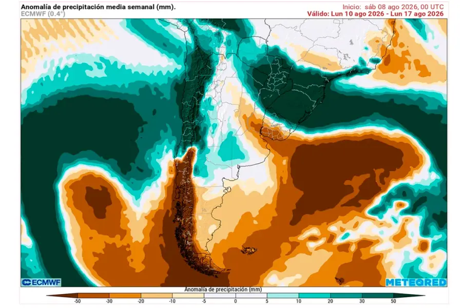 Anomal&iacute;a de precipitaciones prevista para los pr&oacute;ximos 7 d&iacute;as seg&uacute;n el modelo ECMWF.