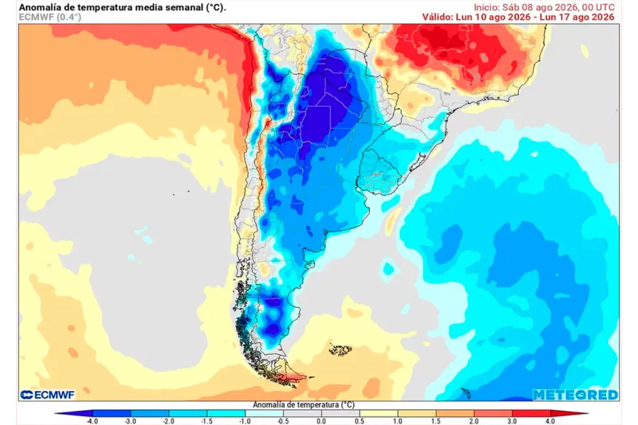 Anomal&iacute;a de temperatura prevista para los pr&oacute;ximos 7 d&iacute;as seg&uacute;n el modelo ECMWF.