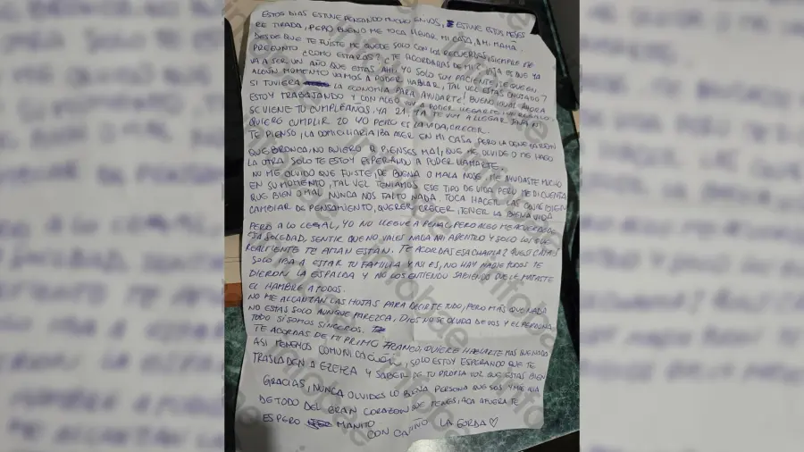 La carta de Quispe a "Pequeño J" que jamás envió (fuente Infobae)