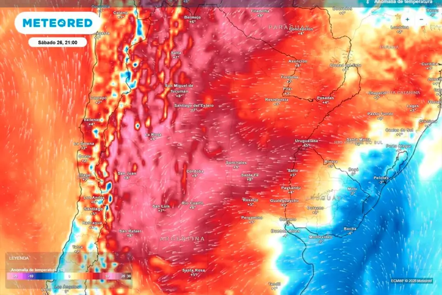 Anomal&iacute;a de temperatura prevista para el pr&oacute;ximo s&aacute;bado, seg&uacute;n el modelo ECMWF. (Meteored).