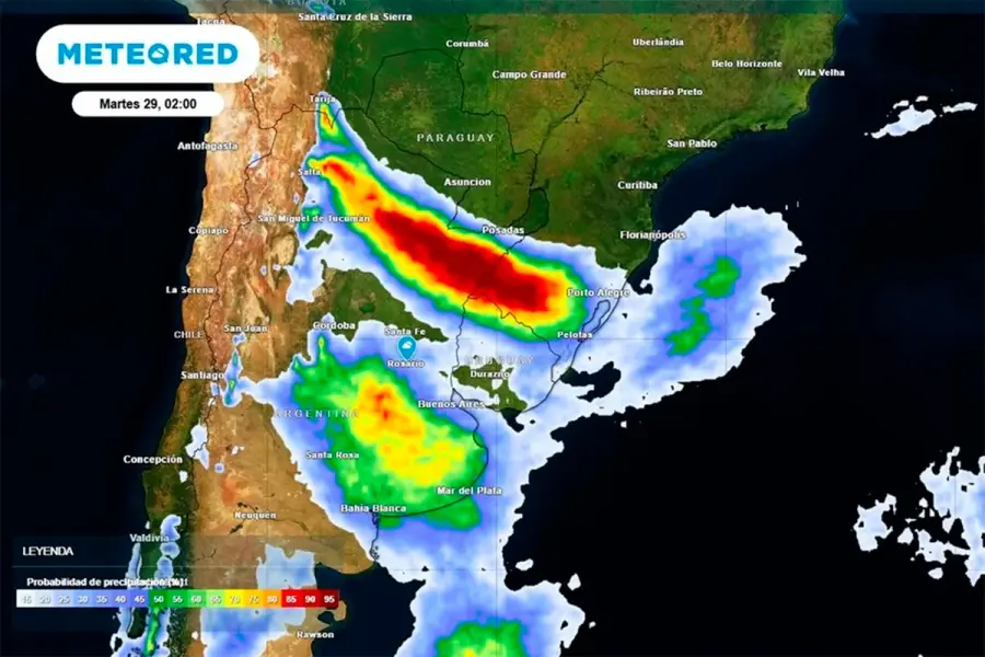 Probabilidad de precipitaciones en gran parte del pa&iacute;s para el martes 29, con tormentas fuertes/severas (fuente Meteored)