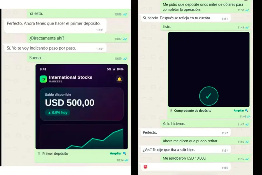 Capturas de pantallas de la estafa virtual que sufri&oacute; Mario (gentileza btrconsulting.com)