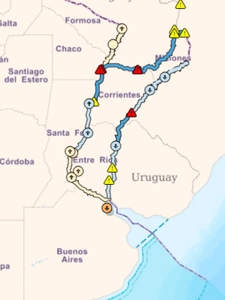 Condici&oacute;n h&iacute;drica de los principales cursos de la Cuenca del Plata en territorio Argentino en base a la &uacute;ltima observaci&oacute;n de nivel o caudal en estaciones de referencia. Se calcula la frecuencia de superaci&oacute;n (%) en el periodo 1991-2020 y se clasifica en 5 categor&iacute;as. Adicionalmente se indica superaci&oacute;n de niveles de alerta y evacuaci&oacute;n (fuente INA)