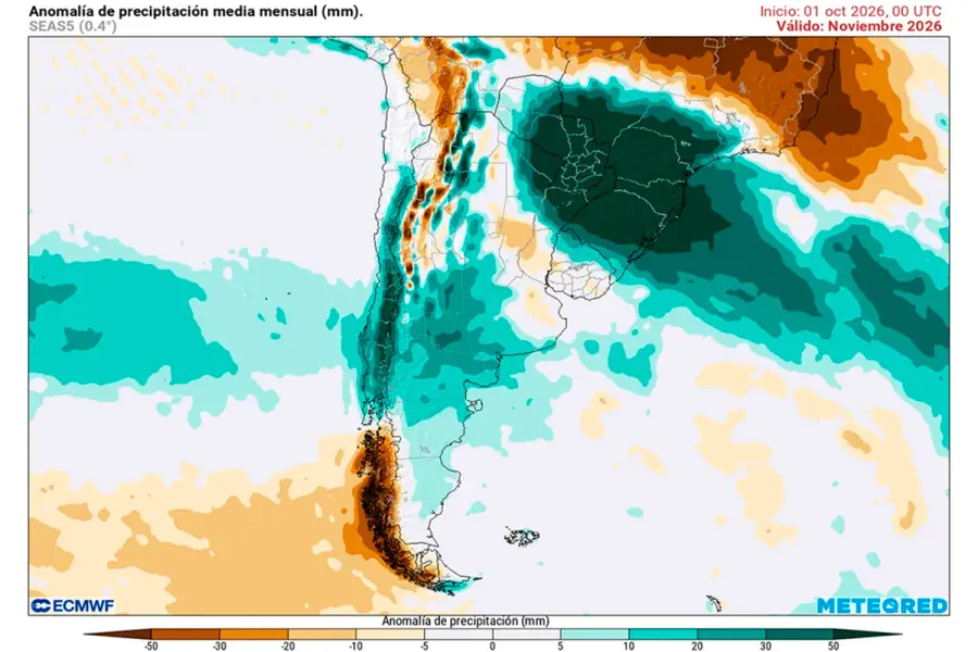 Anomal&iacute;a de precipitaciones para el mes de noviembre seg&uacute;n nuestro modelo de referencia el ECMWF (fuente Meteored)