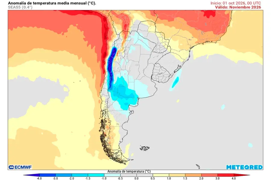 Anomal&iacute;a de temperatura prevista para el mes de noviembre seg&uacute;n el modelo ECMWF (fuente Meteored)