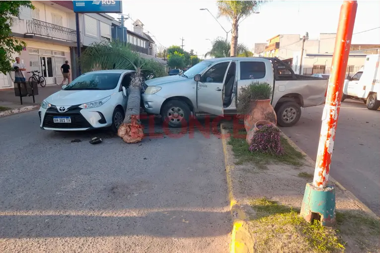 Triple choque en avenida de Bovril: un utilitario chocó a una Hilux que derribó una palmera y terminó contra otro auto